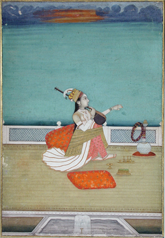 A beautiful woman seated on a terace playing a vina by Anonymous