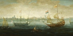 A Dutch and an English Ship off a Harbour by Abraham de Verwer
