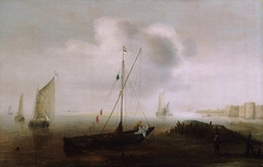 A Fishing Boat with Sail Lowered Near the Shore by Hans Goderis
