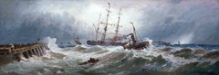 A French paddle tug bringing a barque into Boulogne harbour in heavy weather