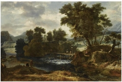 A river landscape with travellers crossing a wooden bridge and two fishermen on the nearside riverbank