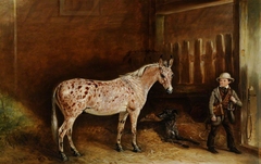 A Strawberry Mule and Two Lurchers in a Stable and a Stable Lad by John Ferneley
