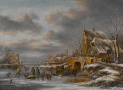 A winter landscape with figures skating on a frozen river