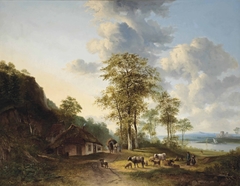 An extensive river landscape with farmers and cattle