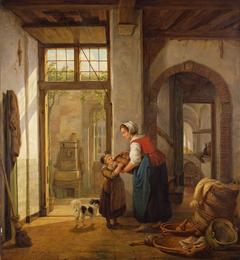 Binnenhuis met vrouw en kind by Abraham van Strij