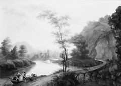Bjerglandskab med en bro by Heinrich August Grosch