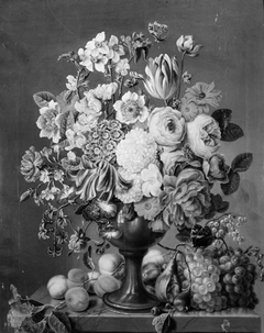 Blomster i en vase omgivet af frugter by Carl Christian Seydewitz
