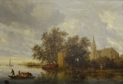 Bord de rivière avec une église by Salomon van Ruysdael