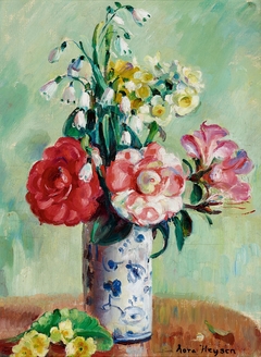 Camellias and Mixed Flowers in a Delft Vase by Nora Heysen