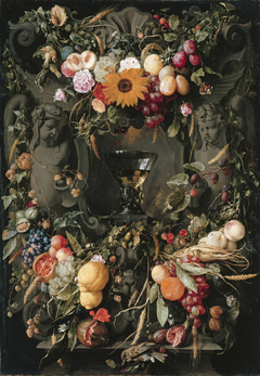 Cartouche with fruit and flowers and wine glass