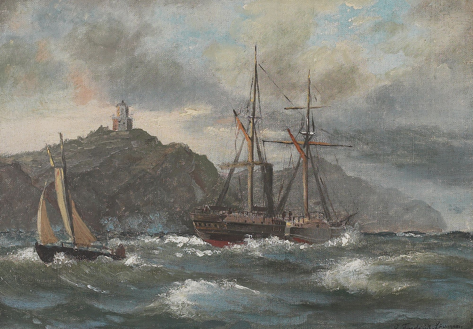 Coastal scene with ships and a lighthouse.