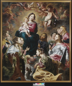 De verheerlijking van de Heilige Familie door vrouwelijke heiligen en engelen. by Cornelis Schut