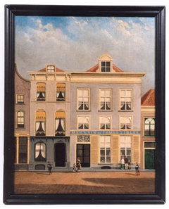 De winkel van Raland in de Lange Bisschopstraat16 (links) en 14 met opschrift Magasin de Comestibles van F. Raland by Arnoldus Antonius Christianus van 't Zant