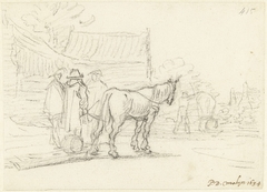 Drie mannen naast een paard en slede