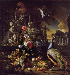 Flowers on a Fountain with a Peacock by Jan Weenix
