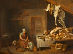 Game Larder with Dead Game, an Old Woman plucking a Partridge and a Boy by Benjamin Blake