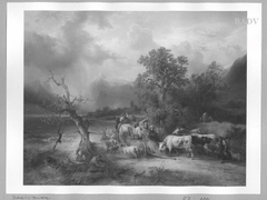 Gewitterstimmung an einem Bergsee mit Heuwagen und Kühen by Friedrich Gauermann