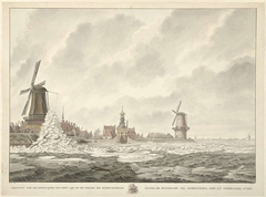 Gezicht van de opkruijing van het ijs, op en tegen de borstwering agter de Runmolen te Gorinchem, den 20.n Februarij 1799 by Cornelis de Jonker
