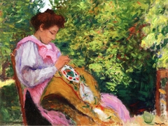 Girl Embroidering, Seated in a Garden