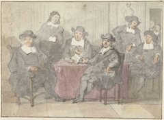 Groepsportret van zes heren zittend en staand rond een tafel by Unknown Artist
