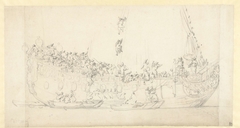 Groot aantal zeelieden aan dek van de Mary by Willem van de Velde I