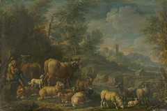 Herdsman with his Herd in Romantic Landscape by Anonymous