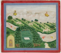 Illustrations to Life of Dhurva Maharaj: #21 Dhurva is shown flying on his throne, and on another, the greatest power in the world, Vishnu by Anonymous