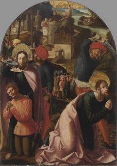 Jakobus-Stephanus-Altar: Der hl. Jakobus tauft Josias und Hinrichtung des Jakobus by Marx Reichlich