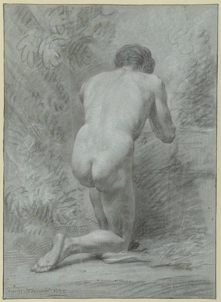 Knielend mannelijk naakt, op de rug gezien