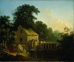 Landscape with Waterwheel and Boy Fishing by George Caleb Bingham