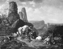 Landschaft mit Vieh und Ruinen by Johann Heinrich Roos