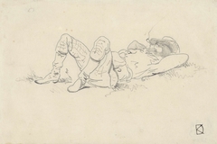 Man achterover liggend in het gras met de benen opgetrokken by Johan Daniël Koelman