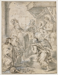 Maria met kind op troon aanbeden door drie heiligen by Abraham van Diepenbeeck