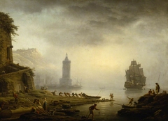 Morning: A Port in Mist - Fishermen hauling in their Boat