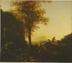 Mountain landscape with travellers
