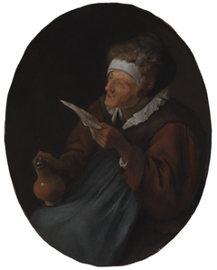 Old Woman with a Fur Cap Holding a Jug and Singing