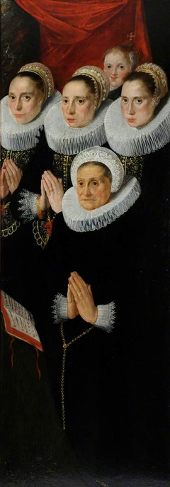 Part of Diptych (right): Saint Anne holding the Virgin as a Girl and the Christ Child and an Apple (recto); Five Female Donor Figures, dressed in Black with White Cuffs praying (verso)