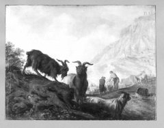 Peasants and goats in a mountainous landscape by Jacobus Mancadan