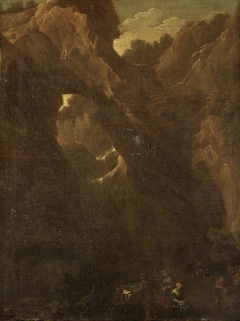 Peasants camping by a Waterfall and Rocks by manner of Salvator Rosa