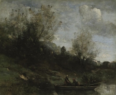 Pêcheurs en barque au bord de la rive