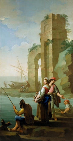 Pescadores y una mujer con una cesta de peces by Zacarías González Velázquez