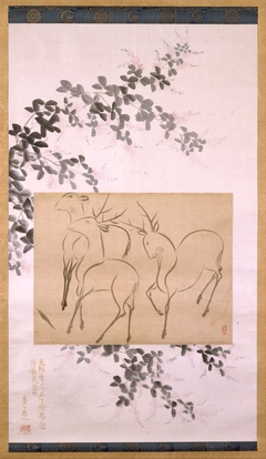 Preliminary Drawing of Three Deer Mounted on a Hanging-scroll Painting of Flowering Bush Clover