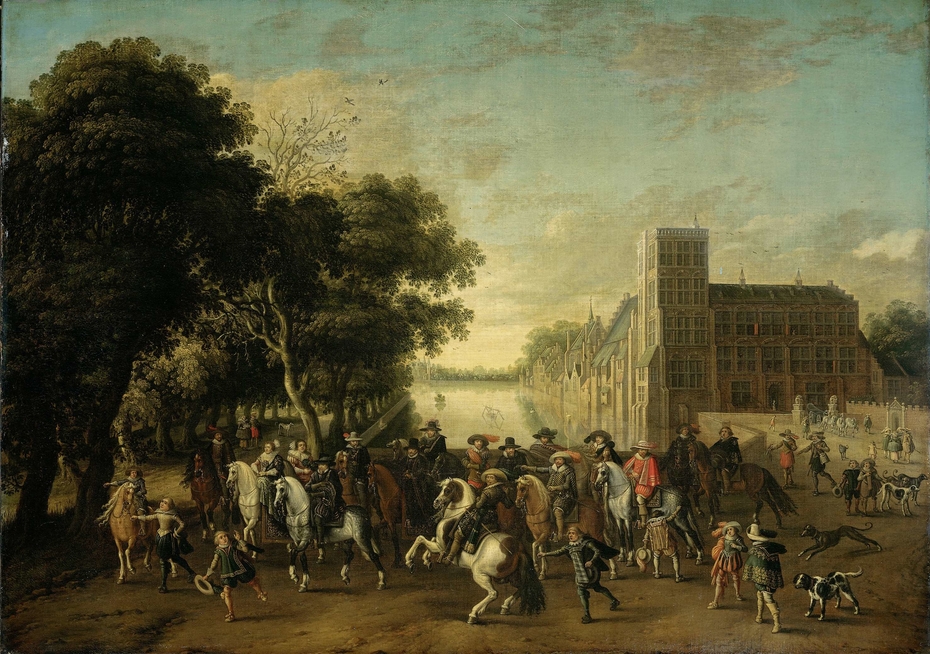 Prince Maurice in the Society of Prince Frederick Henry, Frederick V and his Consort Elizabeth Stuart, King and Queen of Bohemia, and others at his Buitenhof in The Hague