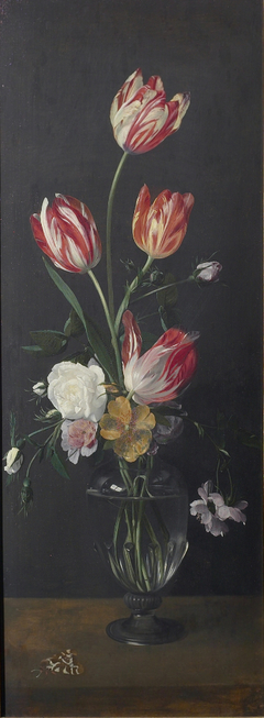 Roses, tulips and a Sweet briar in a glass vase, 1635-1667 by Daniel Seghers