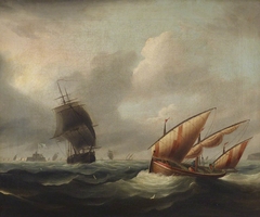 Seascape with View of Fort Stuart (Julia Ann with a Frigate and Lateen Boat with a Foreigner) by Thomas Luny