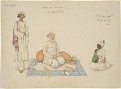 Shah Inayat Allah of Sind with his Musician Makkhu and his Attendant Shaykh Qiyam al-Din, page from the Fraser Album