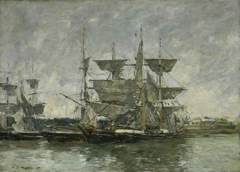 Ships at dock, Deauville by Eugène Louis Boudin