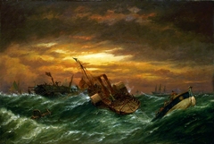 Shipwreck with a paddle tug towing a lifeboat in a gale