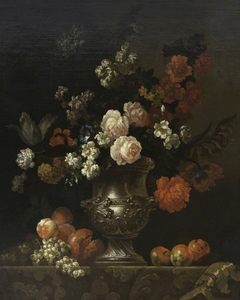 Still Life of a Silver Urn with Flowers and Fruit on a Ledge by Pieter Casteels III