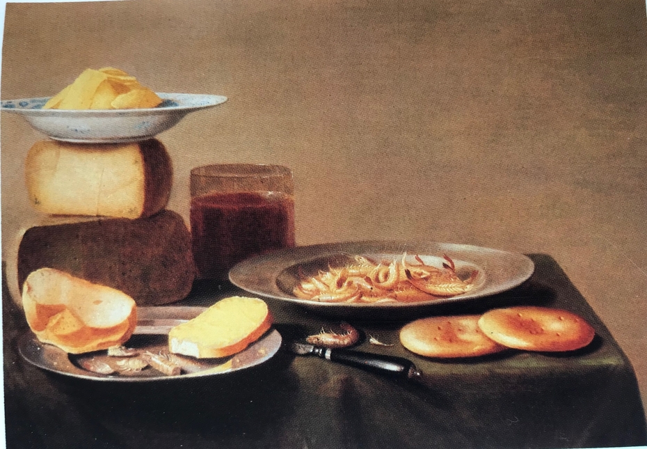 Still life of butter, cheese, bread, shrimp and biscuits